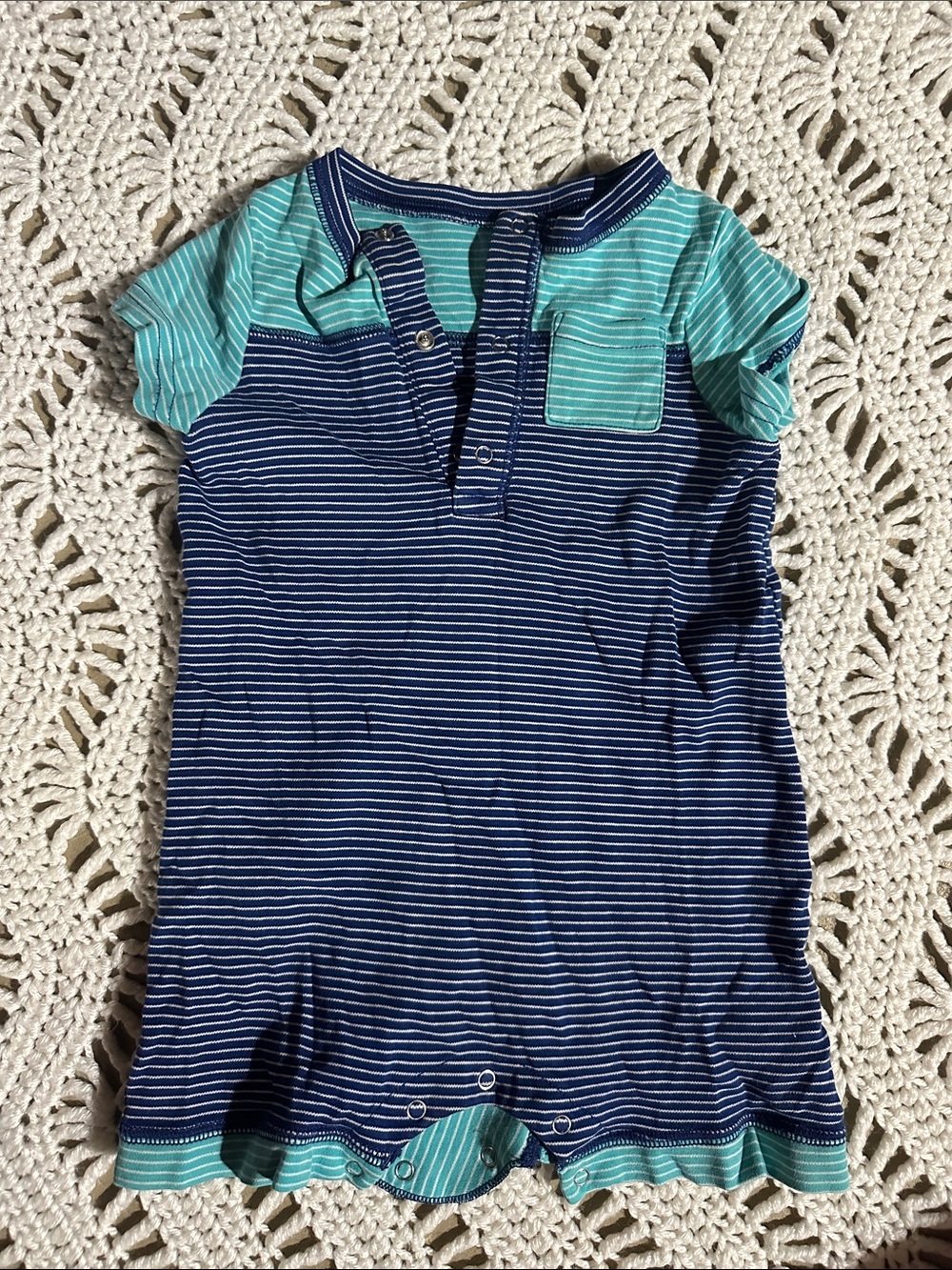 Patagonia Striped Navy & Aqua Baby Romper